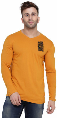 GEUM Graphic Print Men V Neck Yellow T-Shirt