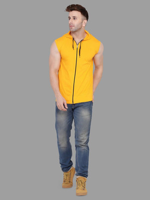 GEUM Solid Men Hooded Neck Yellow T-Shirt