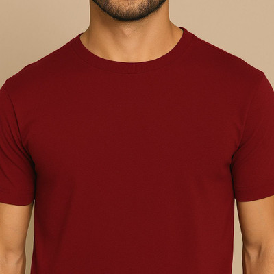 firrach Solid Men Round Neck Maroon T-Shirt