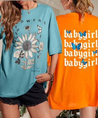 SILVANUS Printed Women Round Neck Orange, Light Blue T-Shirt