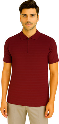 RMLKN Printed Men Zip Neck Maroon T-Shirt