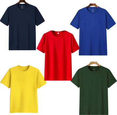 lalita creation Solid Men Round Neck Navy Blue, Red, Yellow, Green, Dark Blue T-Shirt