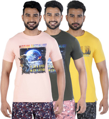 COLORS by Rupa Frontline Printed Men Round Neck Pink, Dark Green, Yellow T-Shirt