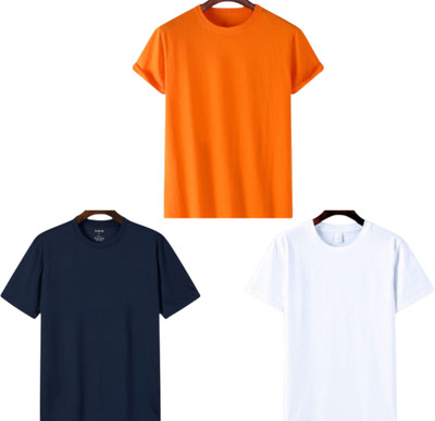 TTFE Solid Men Round Neck Orange, Navy Blue, White T-Shirt
