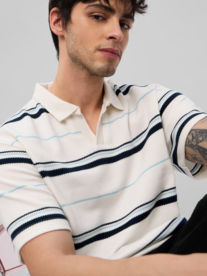 The Souled Store Striped Men Polo Neck White T-Shirt