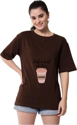 PERFECT PRODUCTION Printed, Typography Women Round Neck Brown T-Shirt