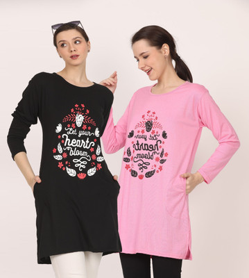 HouseOfCommon Printed Women Round Neck Black, Pink T-Shirt