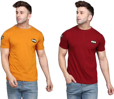 GEUM Solid Men Round Neck Gold, Maroon T-Shirt