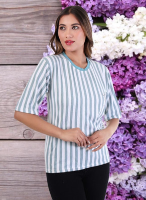 Marc Laurent Striped Women Round Neck Green T-Shirt