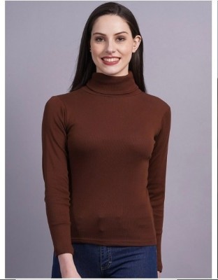 Atiano Solid Women High Neck Brown T-Shirt