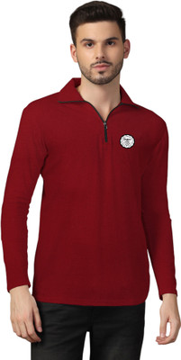 GEUM Solid Men Zip Neck Maroon T-Shirt