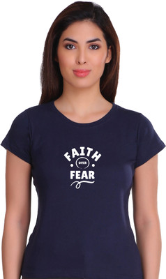 APEX Printed Women Round Neck Dark Blue T-Shirt