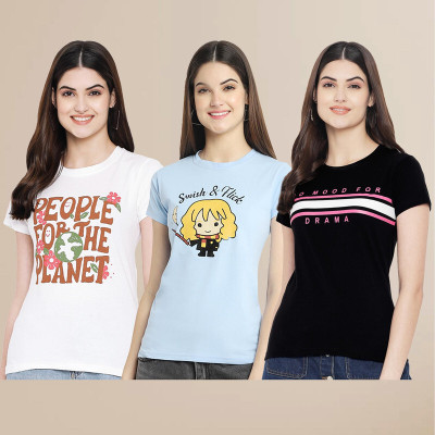 METRONAUT Printed Women Round Neck Multicolor T-Shirt