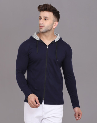 GEUM Solid Men Hooded Neck Dark Blue T-Shirt