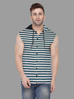 tfurnish Striped Men Hooded Neck Navy Blue T-Shirt