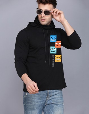 SLOWLORIS Printed Men Hooded Neck Black T-Shirt