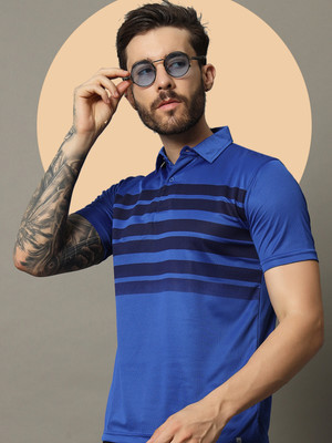 Nuovo Striped Men Polo Neck Navy Blue T-Shirt