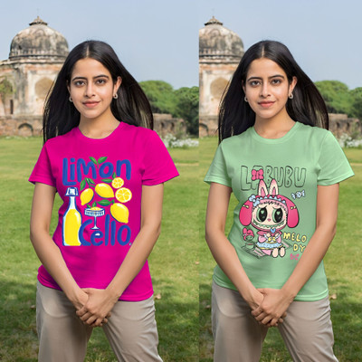 Parona Graphic Print Women Round Neck Pink, Green T-Shirt