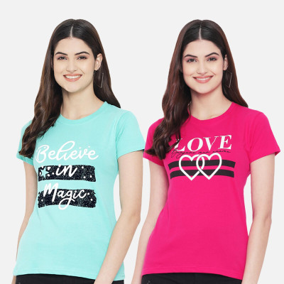 Fabflee Casual Printed Women Light Blue, Pink Top