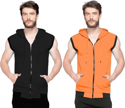 Adorbs Solid Men Hooded Neck Black, Orange T-Shirt