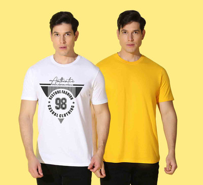 WOOSTRO Printed Men Round Neck Yellow, White T-Shirt