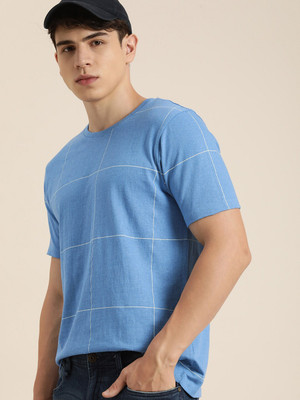 encore by INVICTUS Printed, Checkered Men Round Neck Blue T-Shirt