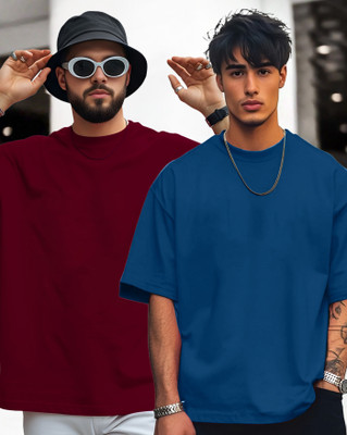 ENITOR Solid Men Round Neck Dark Blue, Maroon T-Shirt