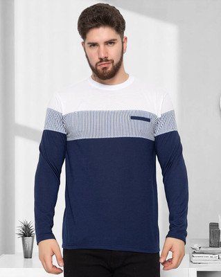 FAOES Colorblock Men Round Neck Navy Blue T-Shirt