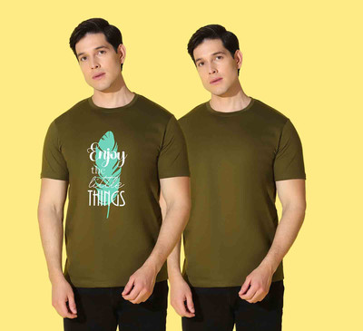 WOOSTRO Printed, Solid Men Round Neck Dark Green T-Shirt