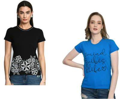 IndiWeaves Printed Women Round Neck Multicolor T-Shirt