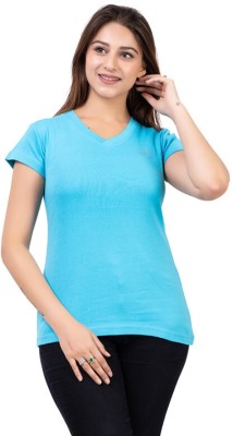 ARIIX Solid Women V Neck Light Blue T-Shirt