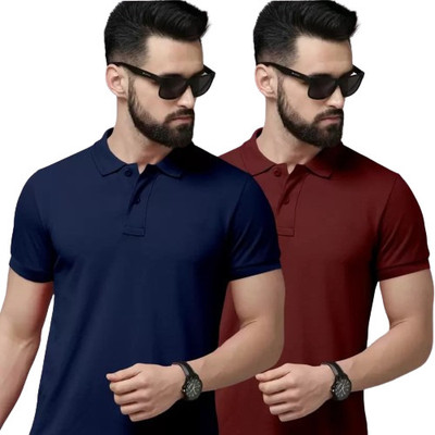 balker merka Solid Men Polo Neck Blue, Maroon T-Shirt