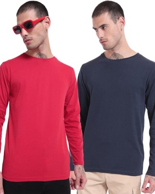 BEWAKOOF Solid Men Round Neck Red, Dark Blue T-Shirt