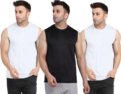 Think Tech Solid Men Round Neck White, Black T-Shirt