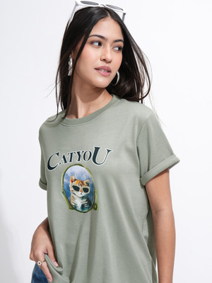 Tokyo Talkies Printed Women Round Neck Green T-Shirt