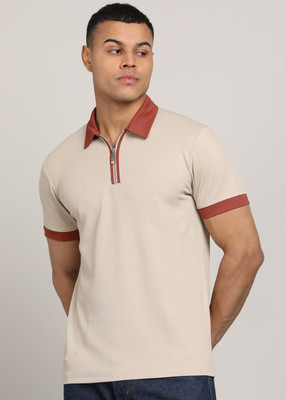INKKR Solid Men Polo Neck Beige T-Shirt