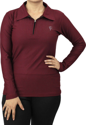 MYO Solid Women Zip Neck Maroon T-Shirt