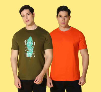 WOOSTRO Printed, Solid Men Round Neck Orange, Light Green T-Shirt