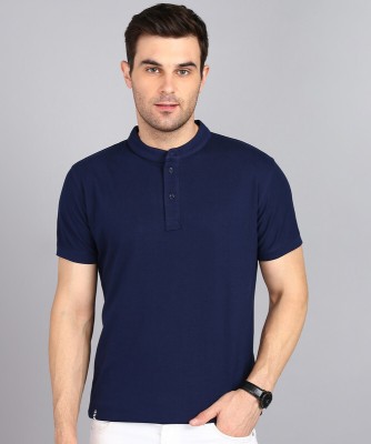 3BROS Solid Men Mandarin Collar Navy Blue T-Shirt