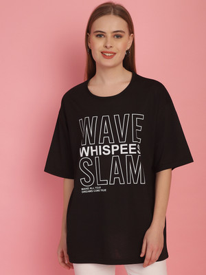 MACK JONNEY Printed, Typography Women Round Neck Black, Multicolor T-Shirt