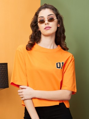 Globus Typography Women Round Neck Orange T-Shirt