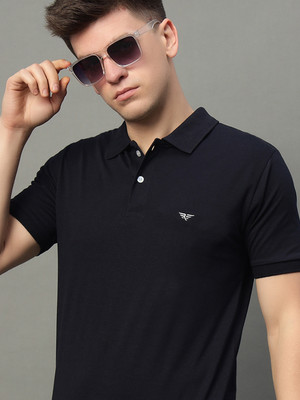 XYRIS Solid Men Polo Neck Navy Blue T-Shirt