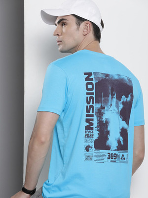 The Indian Garage Co. Printed, Typography Men Round Neck Blue T-Shirt