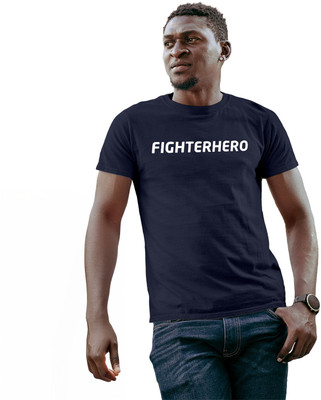 Fighterhero Typography Men Round Neck Navy Blue T-Shirt