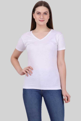 Bi Fashion Solid Women V Neck White T-Shirt