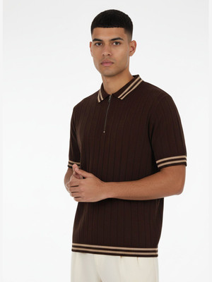 Glitchez Self Design Men Polo Neck Brown T-Shirt