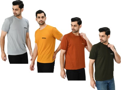 Indistar Self Design Men Round Neck Black, Orange, Grey T-Shirt