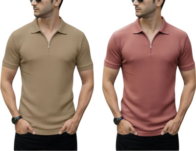DSV Self Design Men Zip Neck Beige, Pink T-Shirt
