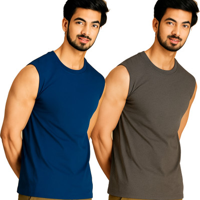 Adorbs Solid Men Round Neck Dark Blue, Grey T-Shirt
