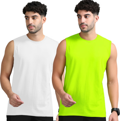 Adorbs Solid Men Round Neck White, Green T-Shirt